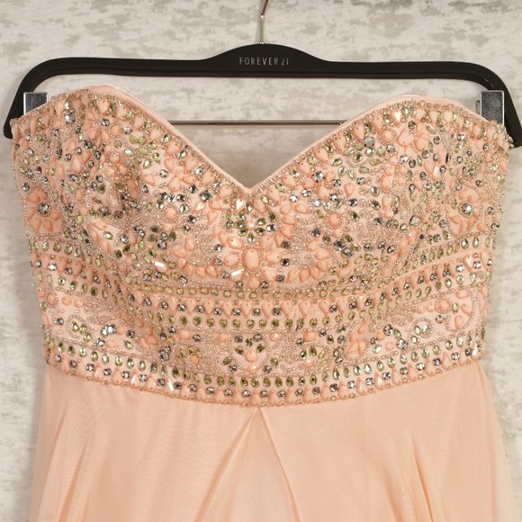 Jovani Peach Beaded Strapless Full Chiffon Flowy Maxi Dress Size 2 - Picture 4 of 12